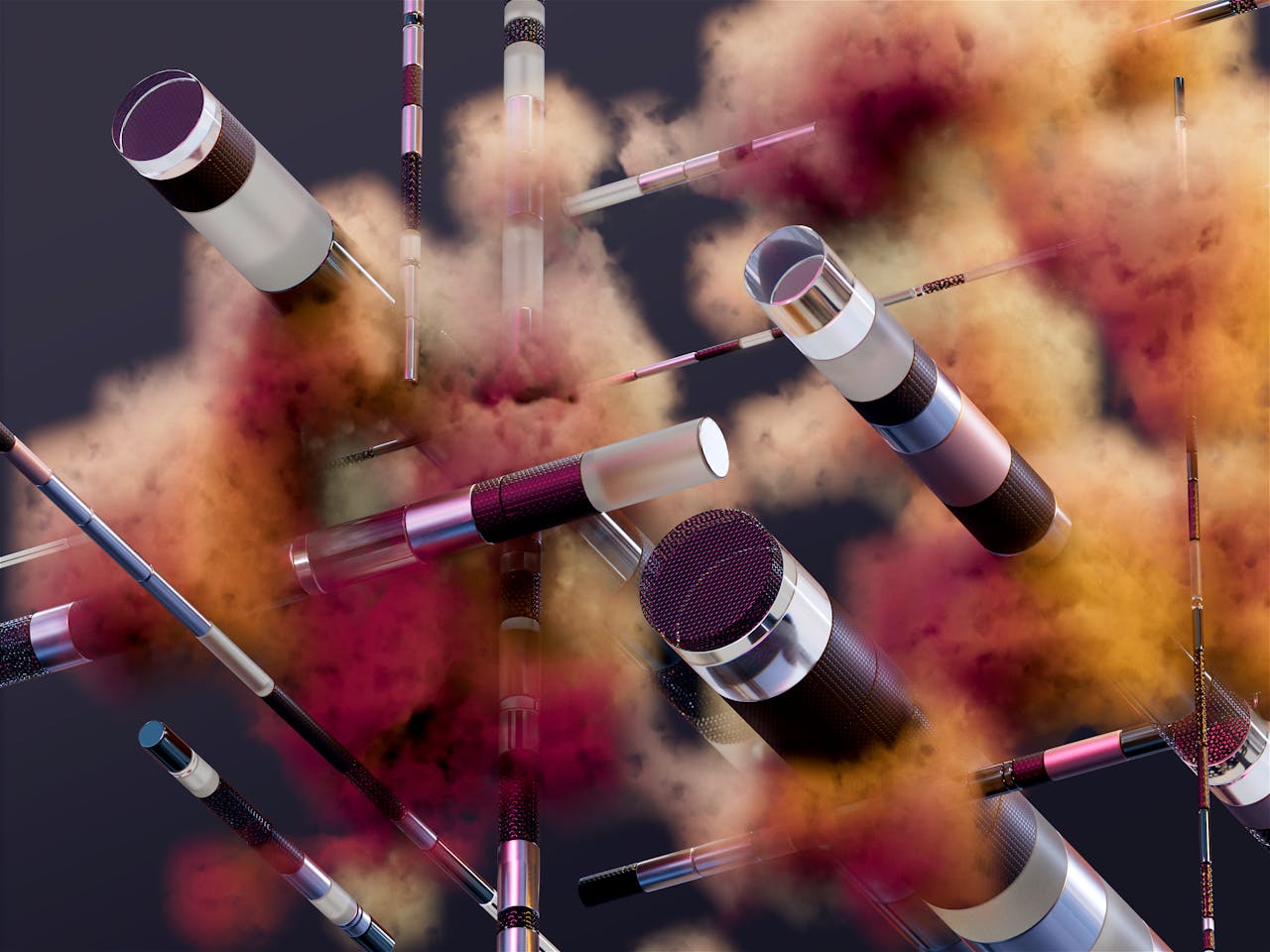 An abstract display of vibrant makeup brushes amidst colorful smoke clouds, showcasing creativity.